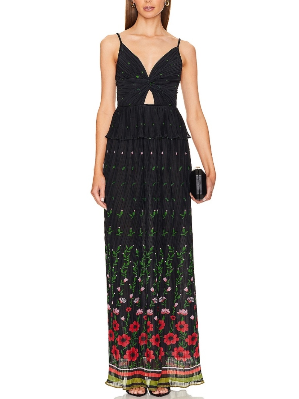 Sabina Musayev Selina Black Floral Pleated Peplum Cutout Maxi Dress - SMALL